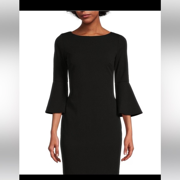 CALVIN KLEIN 3/4 Bell Sleeve Boat Neck Sheath Dress, Black, Size 2 - Picture 10 of 12